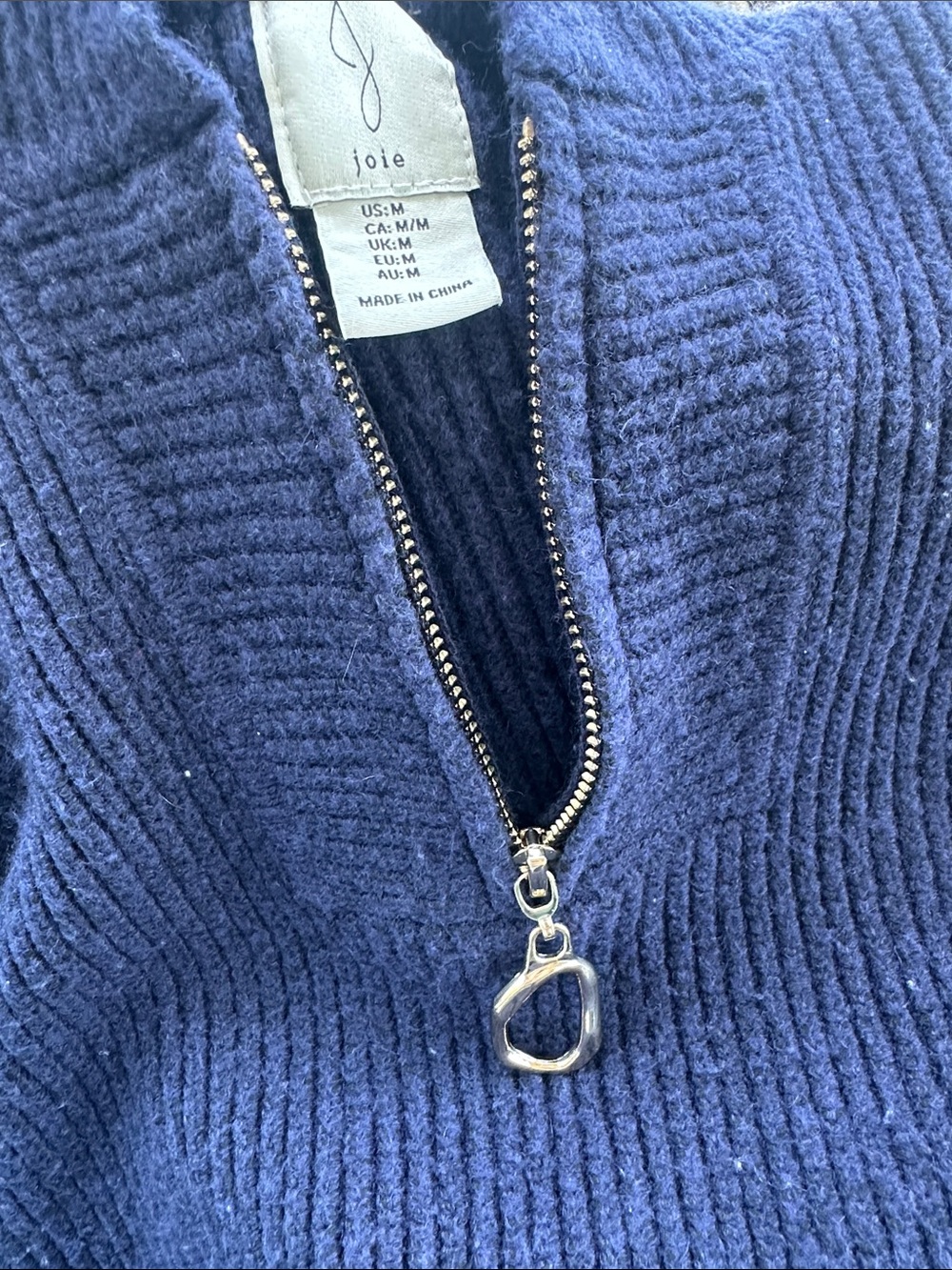 Joie Navy Ribbed Half-Zip Cowl Sweater with Silver Pull